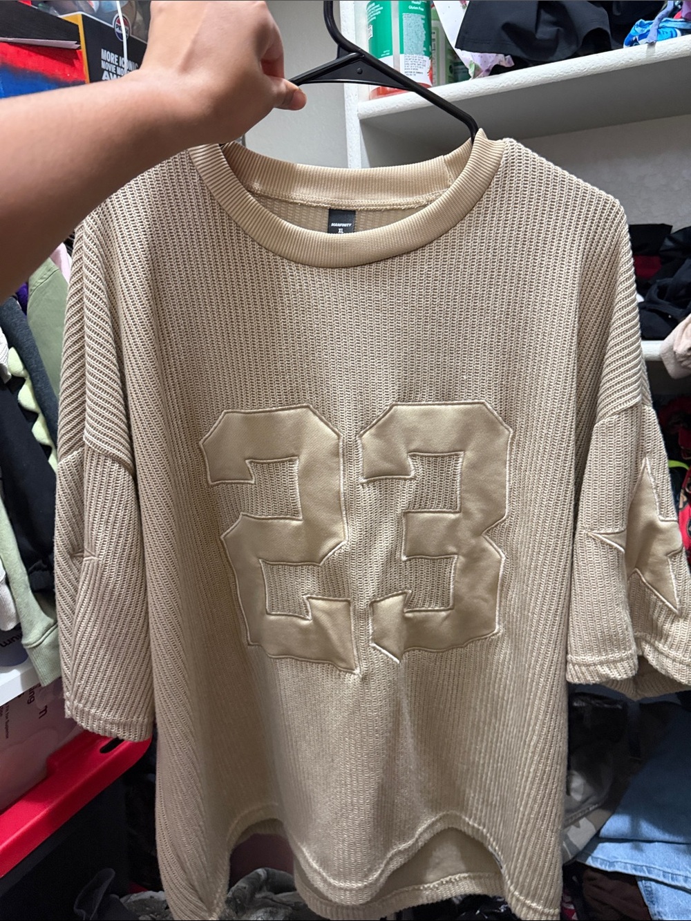 Crewneck Knit Sweater with Quilted '23' Applique - Cream